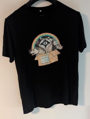 Black Graphic Tee with Raccoon & Possums 'Adopt a Cat'